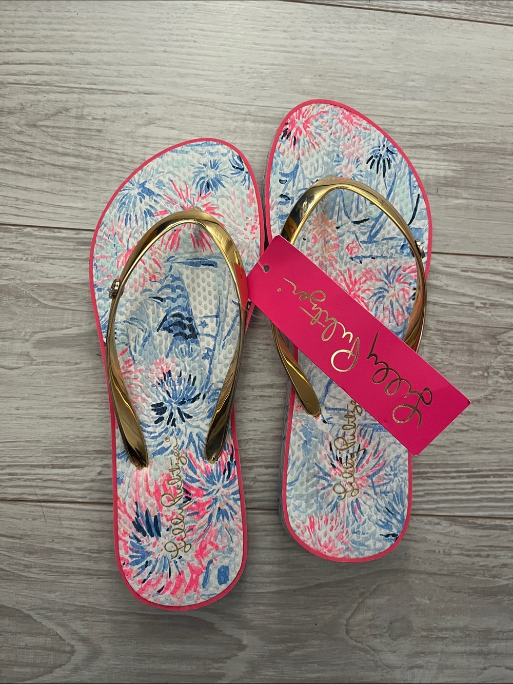 Lilly Pulitzer Pink Floral Print Flip Flops with Gold Straps - New
